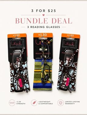 Wink Reading Glasses +1.50 Set of 3 Readers w Cases Gift Bundle
